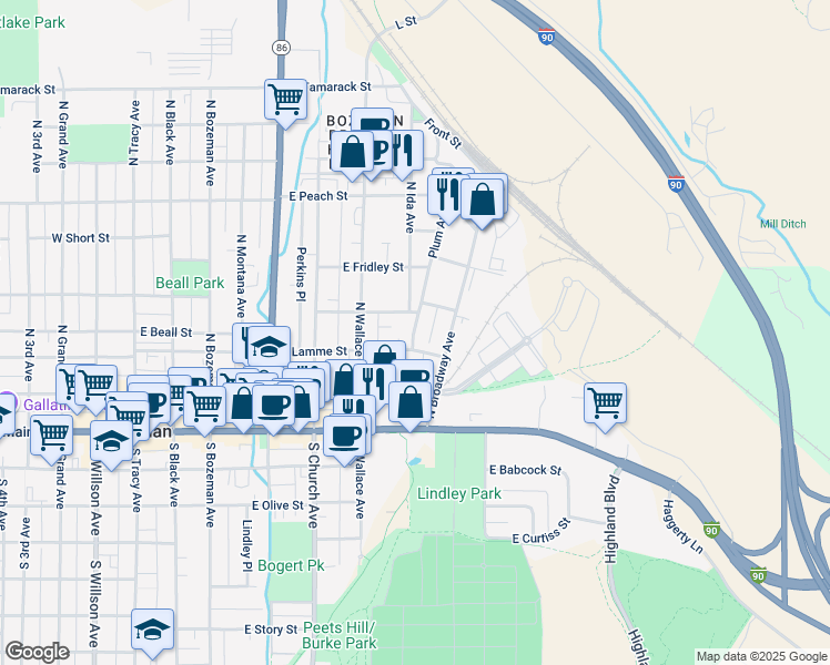 map of restaurants, bars, coffee shops, grocery stores, and more near 624 East Davis Street in Bozeman
