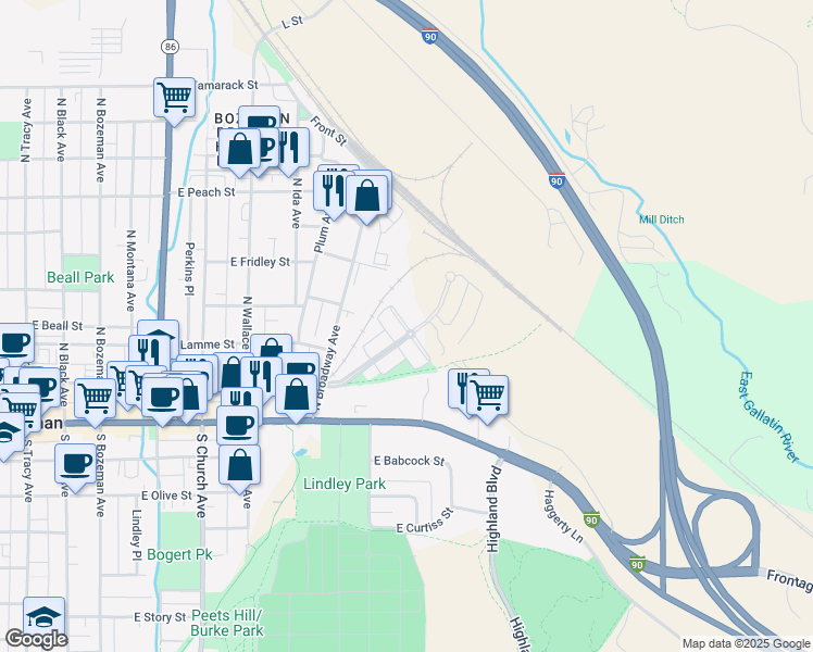 map of restaurants, bars, coffee shops, grocery stores, and more near 150 Village Crossing Way in Bozeman