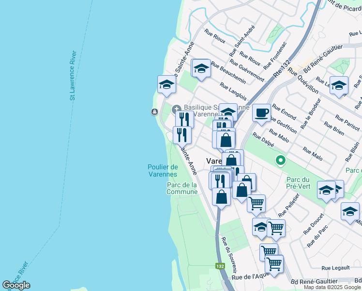 map of restaurants, bars, coffee shops, grocery stores, and more near Rue Sainte Anne in Varennes