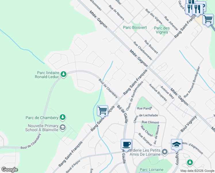 map of restaurants, bars, coffee shops, grocery stores, and more near 187 Boulevard de Chambéry in Blainville
