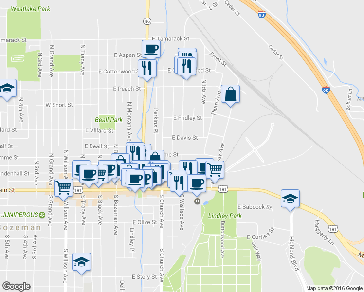 map of restaurants, bars, coffee shops, grocery stores, and more near 216 N Wallace Ave in Bozeman