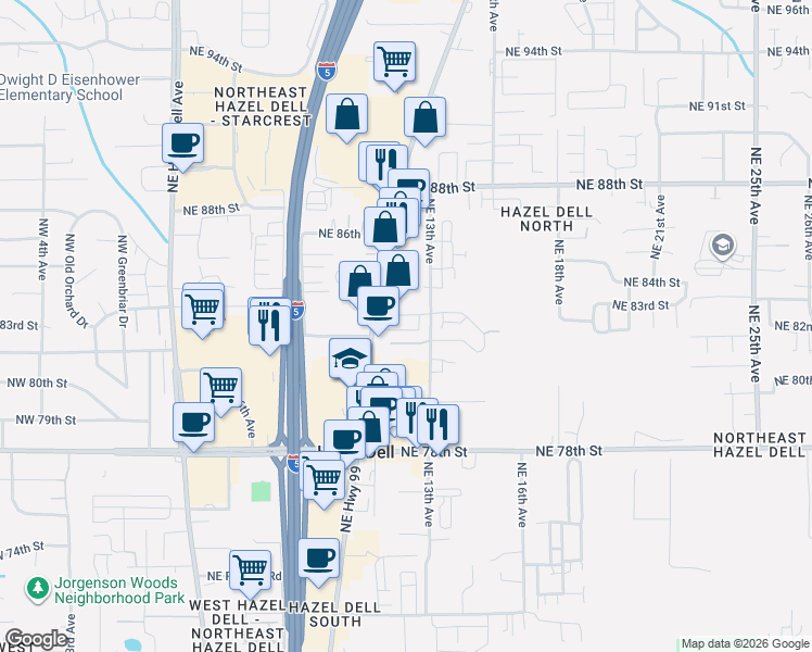 map of restaurants, bars, coffee shops, grocery stores, and more near 1103 Northeast 83rd Street in Vancouver