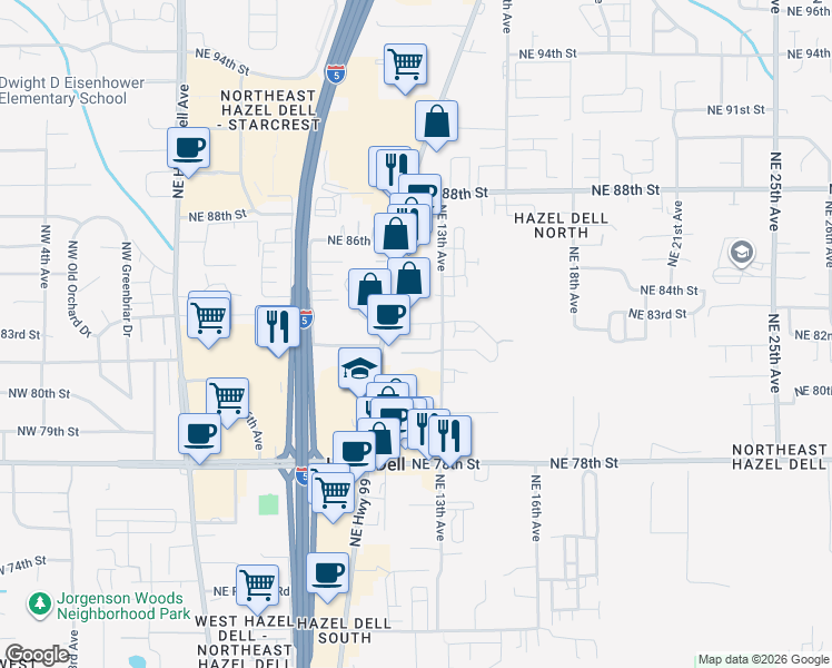 map of restaurants, bars, coffee shops, grocery stores, and more near 1103 Northeast 83rd Street in Vancouver
