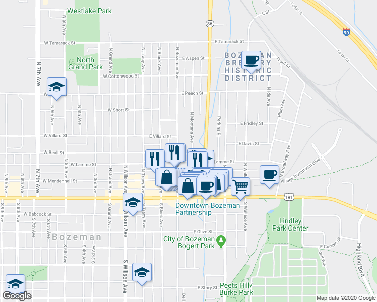 map of restaurants, bars, coffee shops, grocery stores, and more near 316 North Montana Avenue in Bozeman