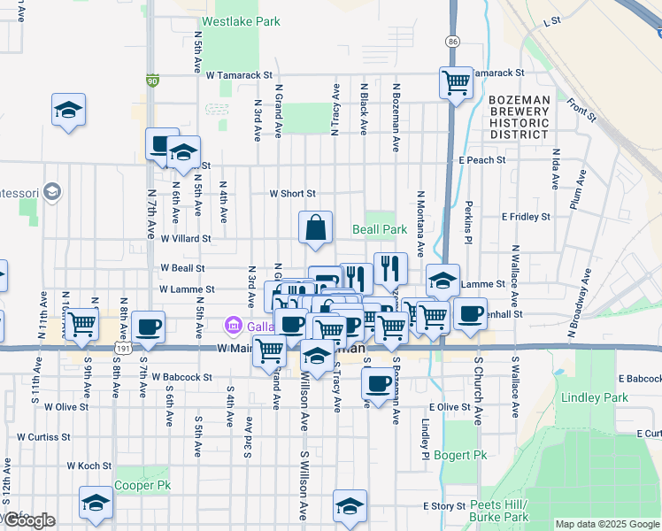 map of restaurants, bars, coffee shops, grocery stores, and more near in Bozeman