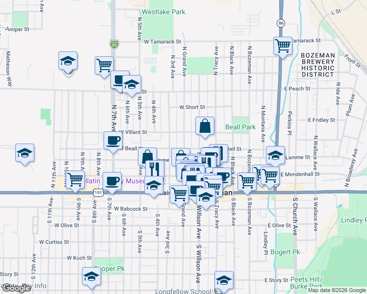 map of restaurants, bars, coffee shops, grocery stores, and more near 313 North Grand Avenue in Bozeman