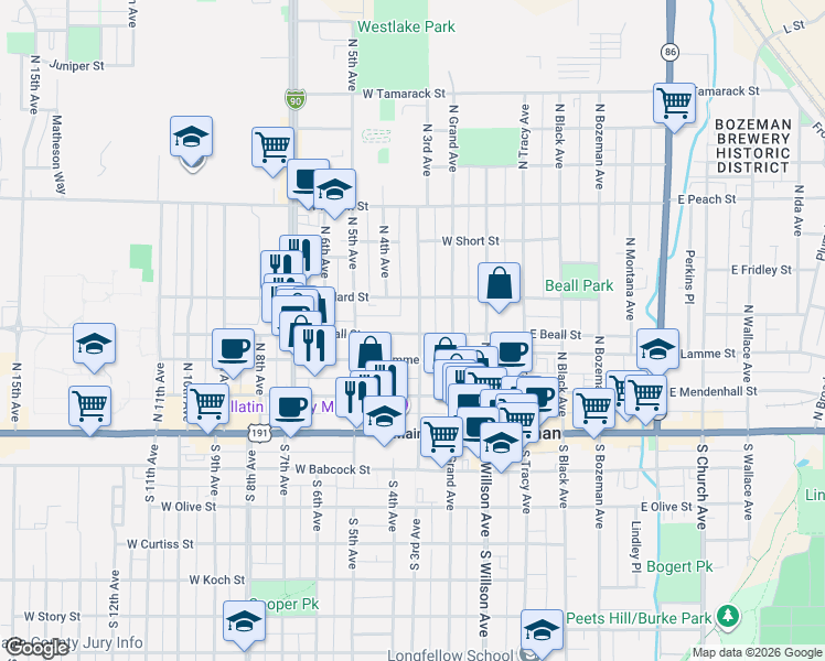 map of restaurants, bars, coffee shops, grocery stores, and more near 315 N 3rd Ave in Bozeman