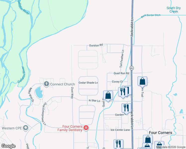 map of restaurants, bars, coffee shops, grocery stores, and more near 78 Shelter Grove Circle in Bozeman