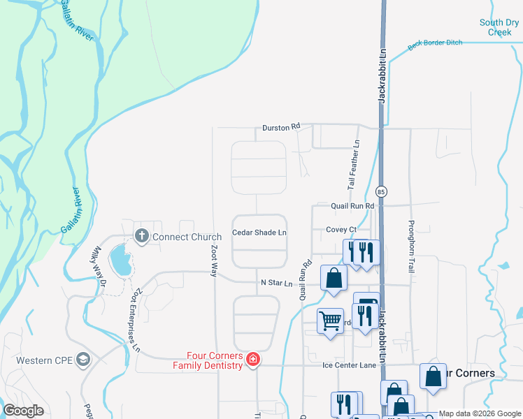 map of restaurants, bars, coffee shops, grocery stores, and more near 16 Shelter Grove Circle in Bozeman