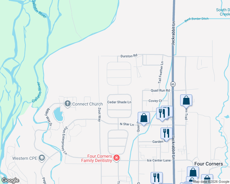 map of restaurants, bars, coffee shops, grocery stores, and more near 16 Shelter Grove Circle in Bozeman