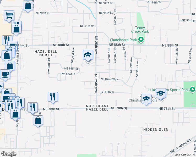 map of restaurants, bars, coffee shops, grocery stores, and more near 8306 Northeast 25th Place in Vancouver