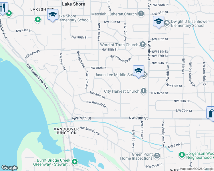 map of restaurants, bars, coffee shops, grocery stores, and more near 1411 Northwest Lakeview Road in Vancouver