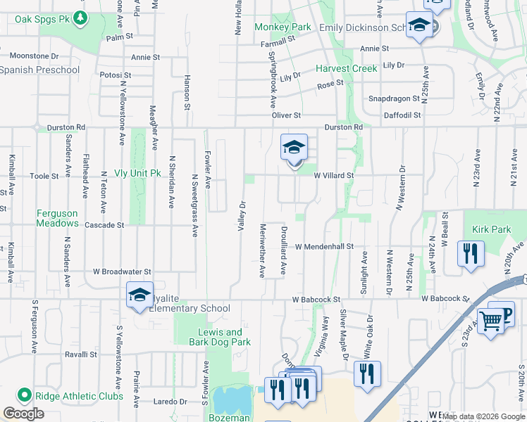 map of restaurants, bars, coffee shops, grocery stores, and more near 394 Meriwether Avenue in Bozeman