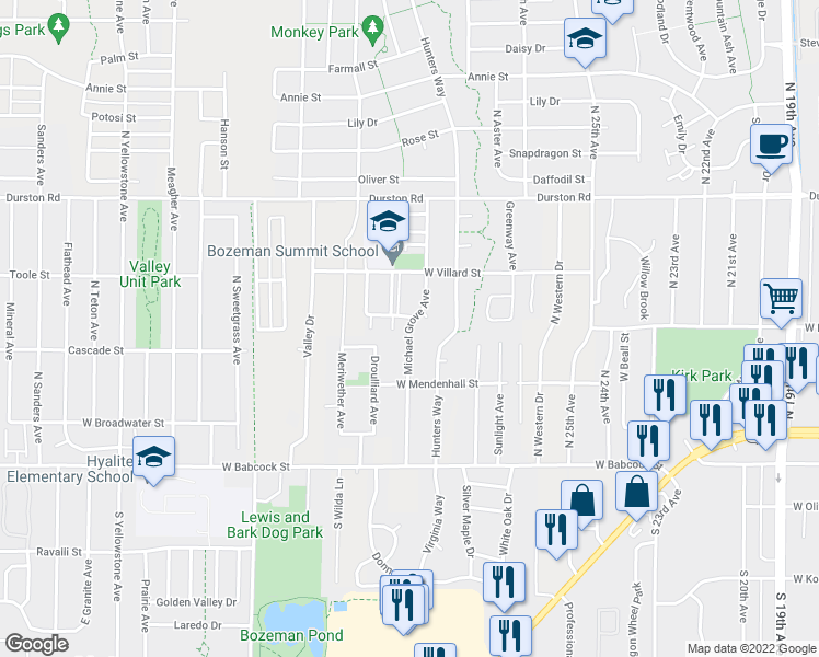 map of restaurants, bars, coffee shops, grocery stores, and more near 206 Michael Grove Avenue in Bozeman
