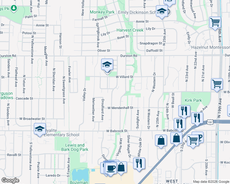 map of restaurants, bars, coffee shops, grocery stores, and more near 226 Peter Place in Bozeman