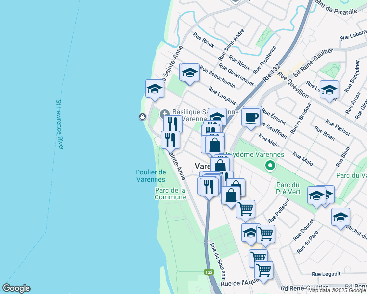 map of restaurants, bars, coffee shops, grocery stores, and more near 24 Rue Massue in Varennes