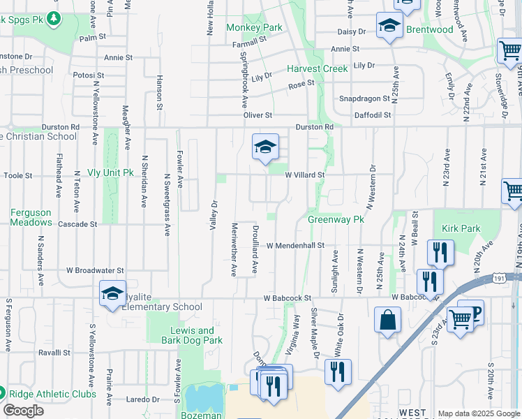 map of restaurants, bars, coffee shops, grocery stores, and more near 3018 West Villard Street in Bozeman