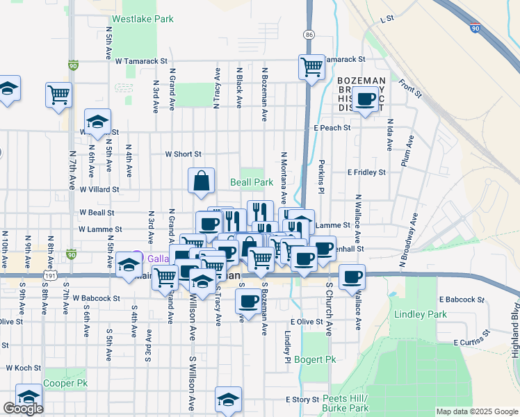 map of restaurants, bars, coffee shops, grocery stores, and more near 315 N Bozeman Ave in Bozeman