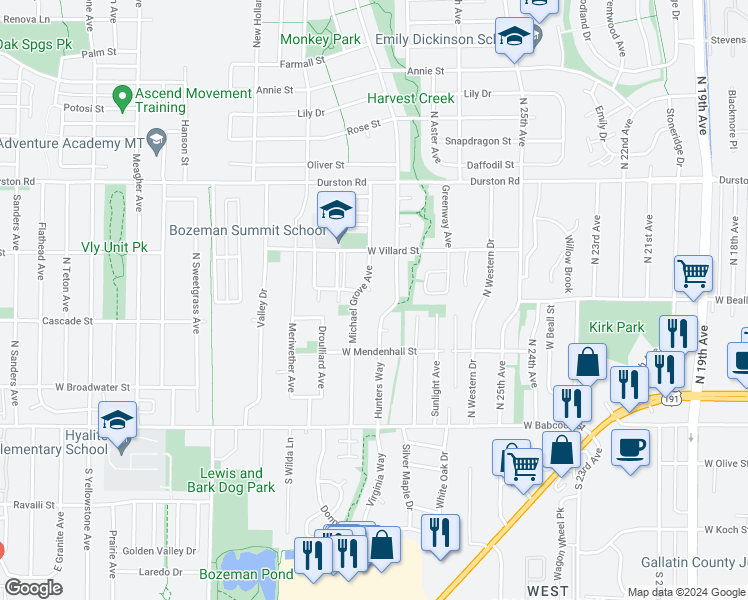 map of restaurants, bars, coffee shops, grocery stores, and more near 226 Peter Place in Bozeman