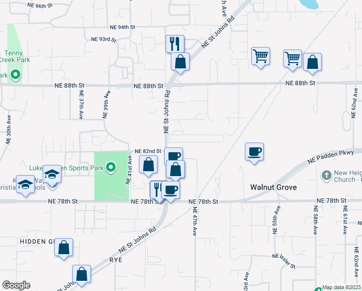 map of restaurants, bars, coffee shops, grocery stores, and more near 8341 Northeast Saint Johns Road in Vancouver