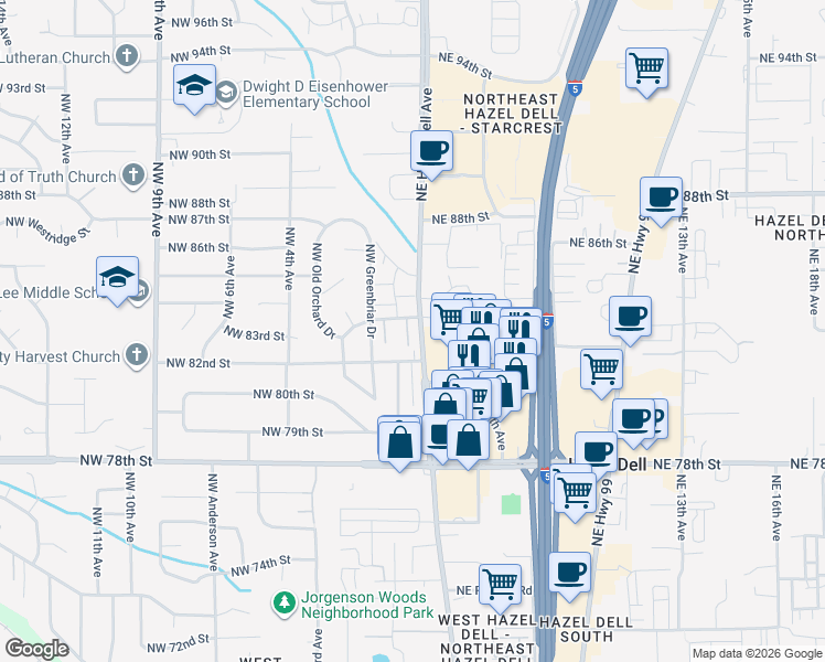 map of restaurants, bars, coffee shops, grocery stores, and more near 107a Northeast 83rd Street in Vancouver