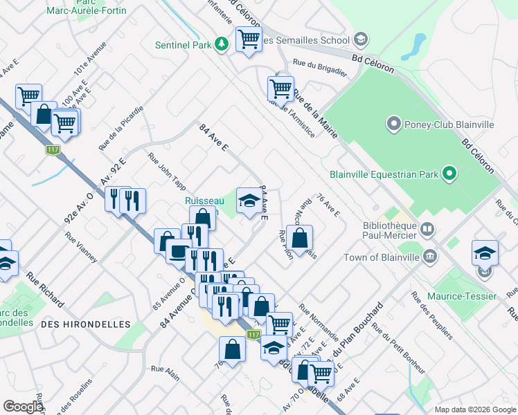 map of restaurants, bars, coffee shops, grocery stores, and more near 56 Avenue 84 Est in Blainville