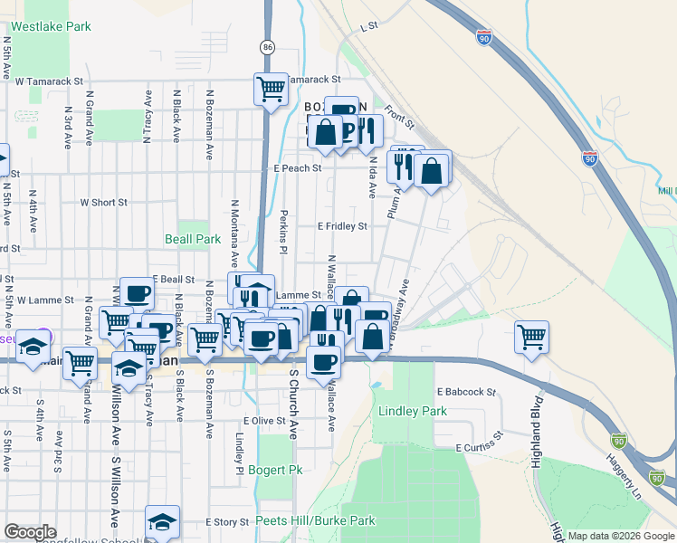 map of restaurants, bars, coffee shops, grocery stores, and more near 222 North Wallace Avenue in Bozeman