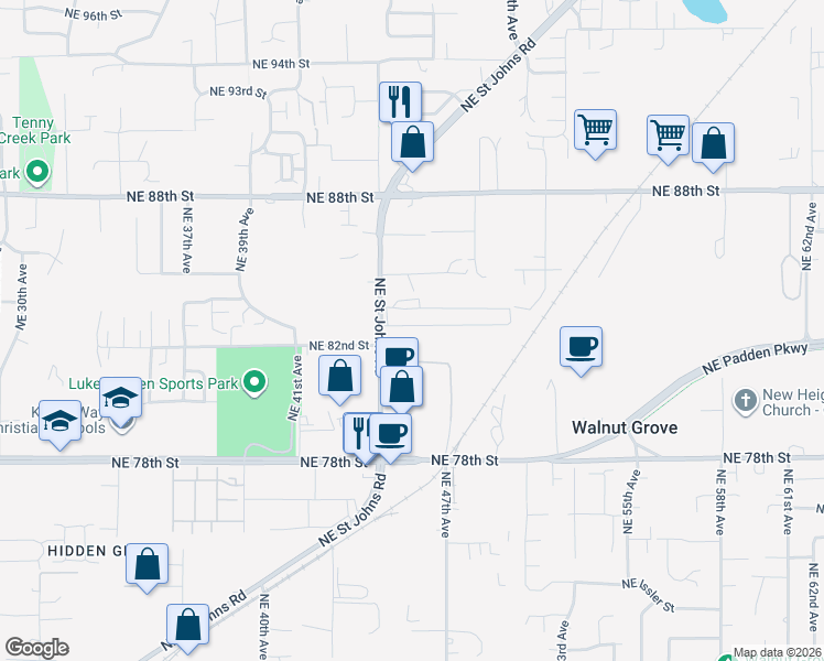 map of restaurants, bars, coffee shops, grocery stores, and more near 8341 Northeast Saint Johns Road in Vancouver