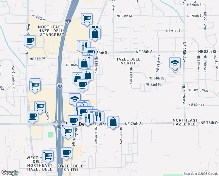 map of restaurants, bars, coffee shops, grocery stores, and more near 1416 Northeast 83rd Drive in Vancouver