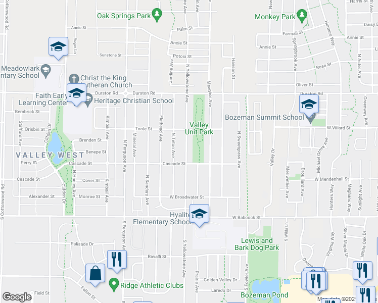 map of restaurants, bars, coffee shops, grocery stores, and more near 210 South Yellowstone Avenue in Bozeman