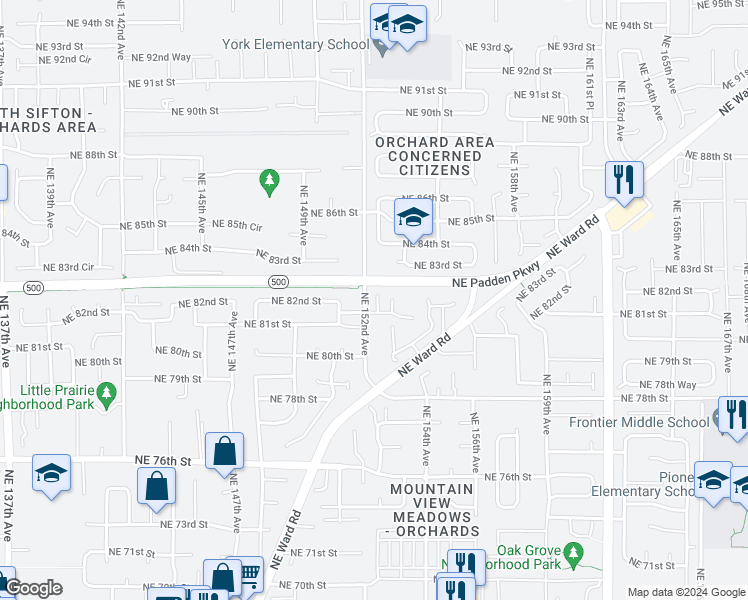 map of restaurants, bars, coffee shops, grocery stores, and more near 15208 Northeast 81st Way in Vancouver
