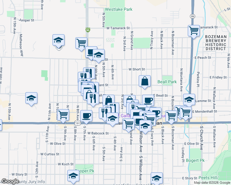 map of restaurants, bars, coffee shops, grocery stores, and more near 315 N 3rd Ave in Bozeman