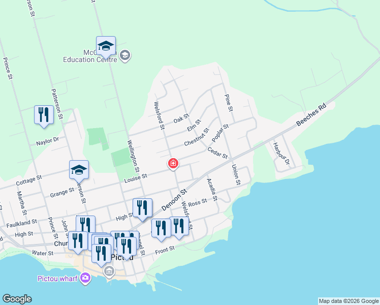 map of restaurants, bars, coffee shops, grocery stores, and more near 112 Poplar Street in Pictou