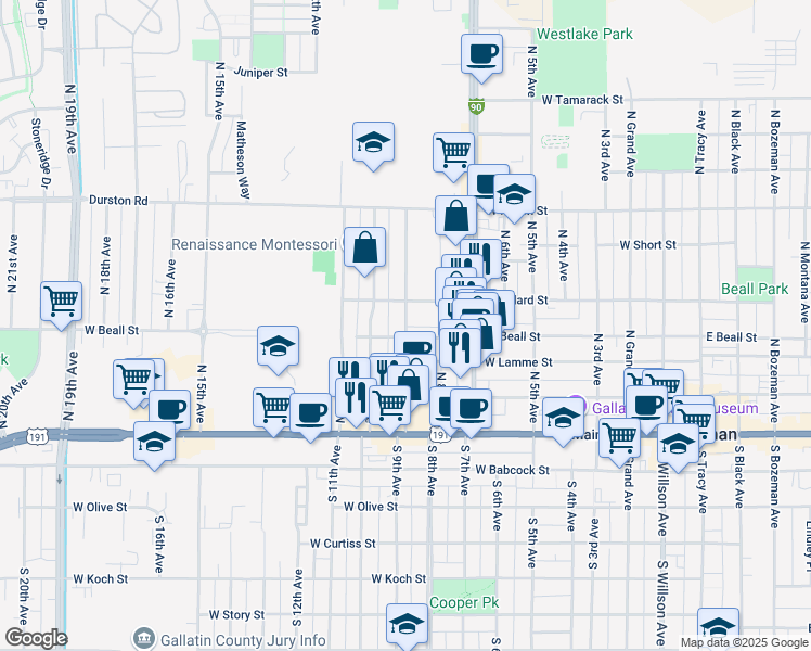 map of restaurants, bars, coffee shops, grocery stores, and more near 307 North 9th Avenue in Bozeman