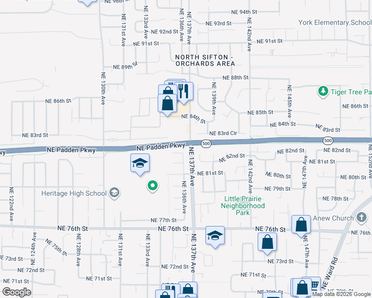map of restaurants, bars, coffee shops, grocery stores, and more near 8303 Northeast 136th Avenue in Vancouver