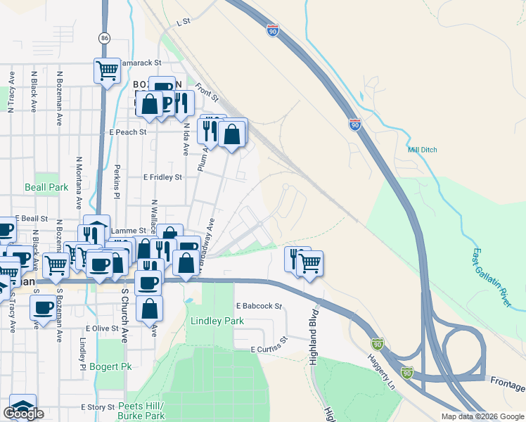 map of restaurants, bars, coffee shops, grocery stores, and more near 140 Village Crossing Way in Bozeman