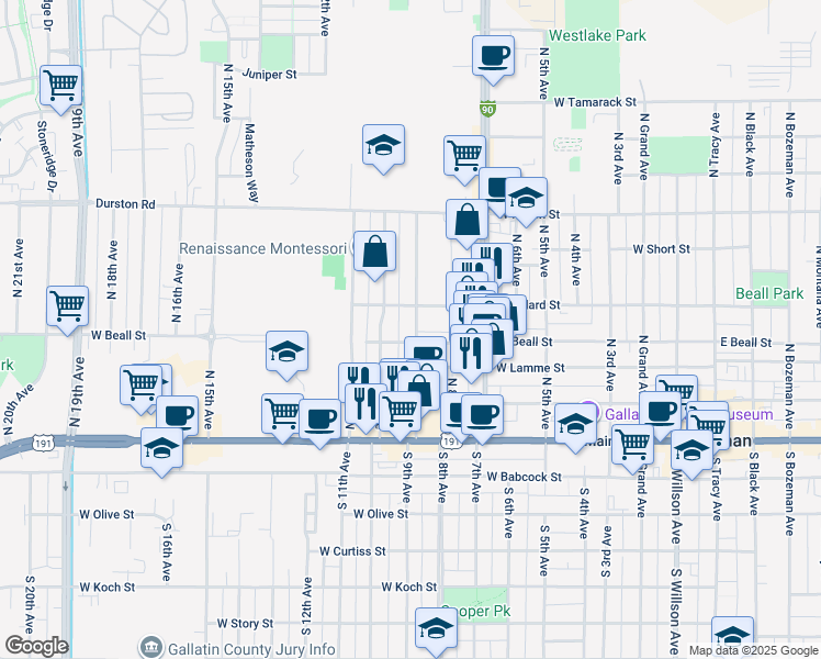 map of restaurants, bars, coffee shops, grocery stores, and more near 309 North 9th Avenue in Bozeman
