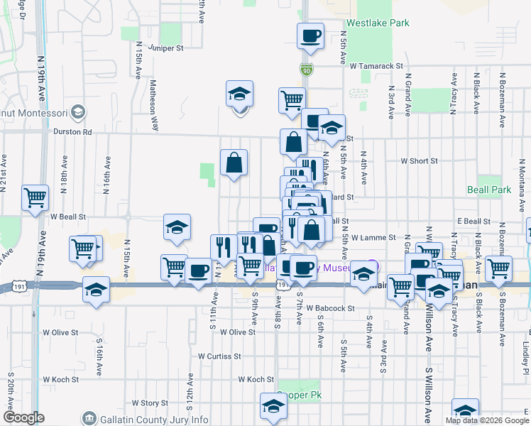 map of restaurants, bars, coffee shops, grocery stores, and more near 307 North 8th Avenue in Bozeman