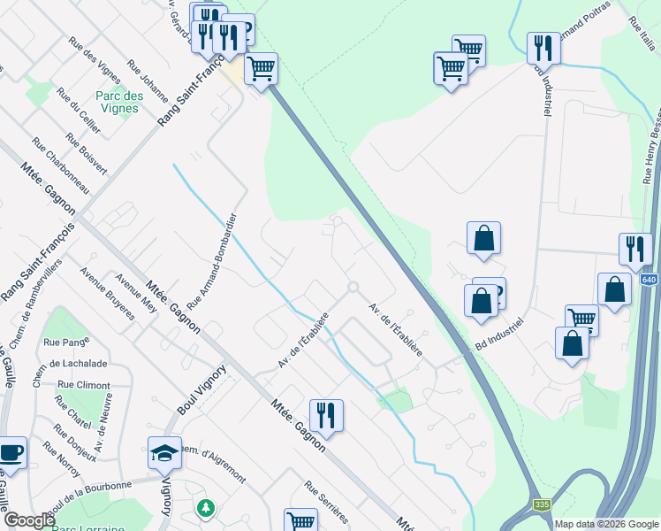 map of restaurants, bars, coffee shops, grocery stores, and more near 178 Avenue du Sablon in Bois-des-Filion
