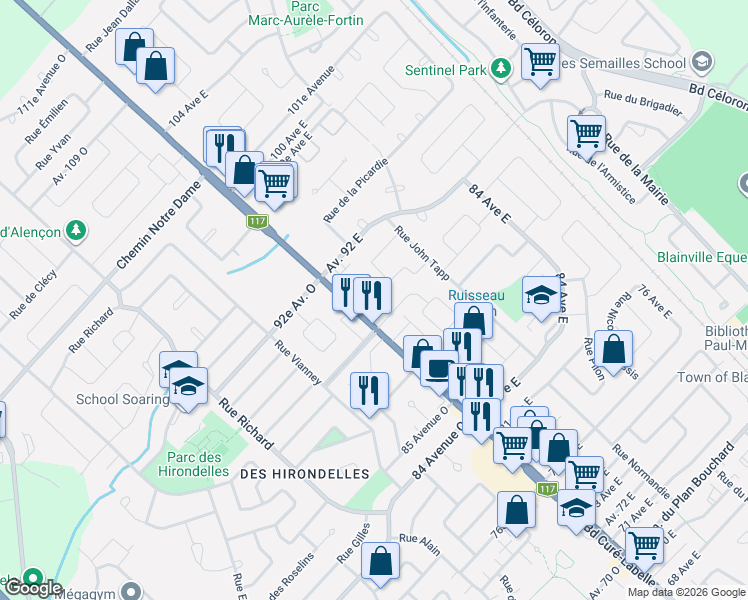 map of restaurants, bars, coffee shops, grocery stores, and more near 1192 Boulevard Curé-Labelle in Blainville