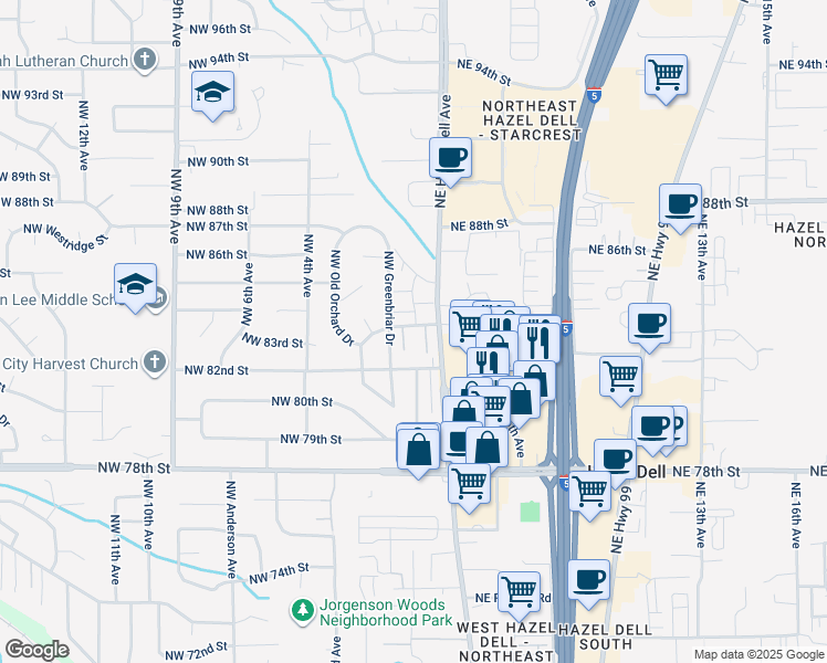 map of restaurants, bars, coffee shops, grocery stores, and more near 107a Northeast 83rd Street in Vancouver