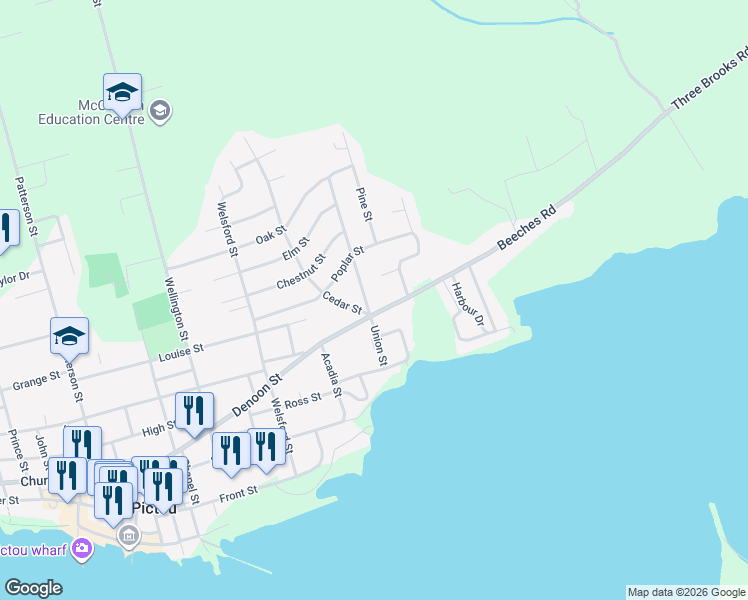 map of restaurants, bars, coffee shops, grocery stores, and more near 64 Union Street in Pictou