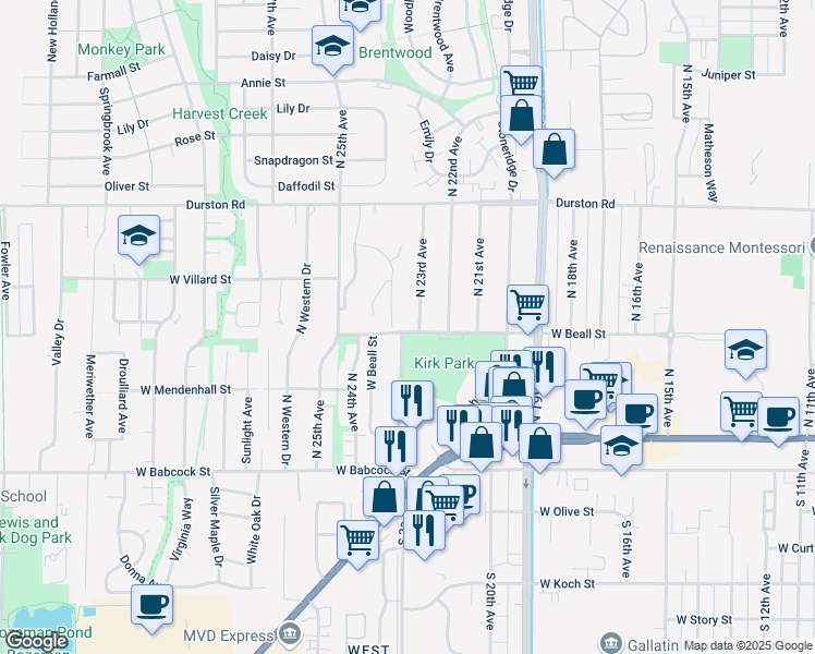 map of restaurants, bars, coffee shops, grocery stores, and more near 2307 West Beall Street in Bozeman