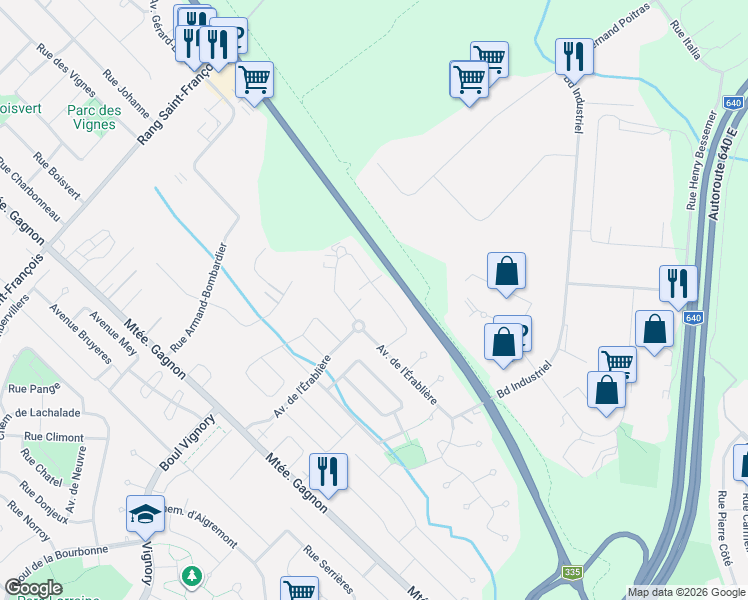 map of restaurants, bars, coffee shops, grocery stores, and more near 138 Avenue du Sablon in Bois-des-Filion