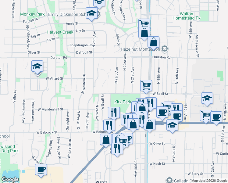 map of restaurants, bars, coffee shops, grocery stores, and more near 2307 West Beall Street in Bozeman