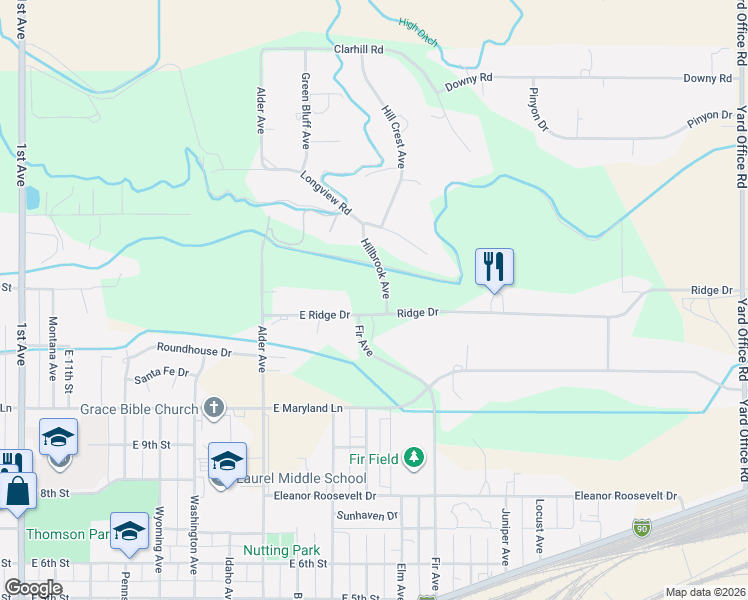 map of restaurants, bars, coffee shops, grocery stores, and more near Hillbrook Avenue in Laurel