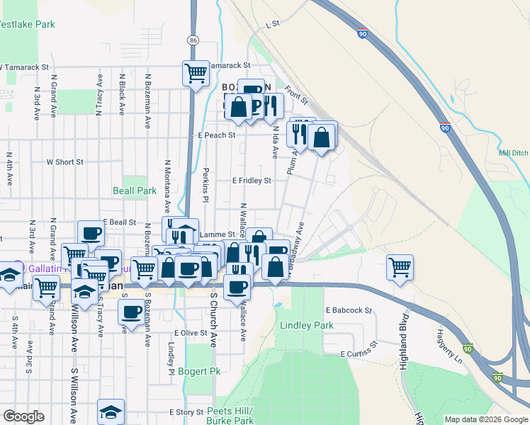 map of restaurants, bars, coffee shops, grocery stores, and more near 624 E Davis St in Bozeman
