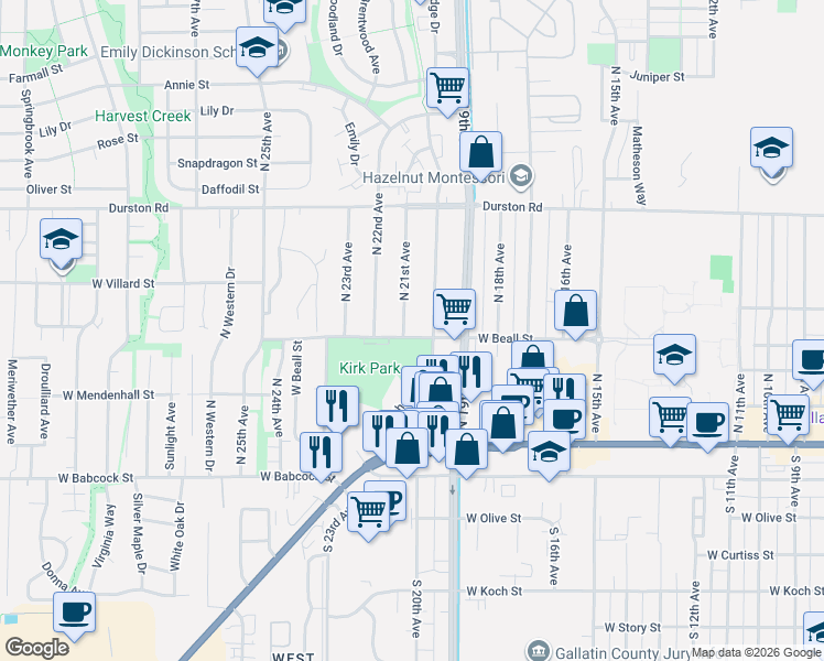 map of restaurants, bars, coffee shops, grocery stores, and more near 300-310 North 21st Avenue in Bozeman