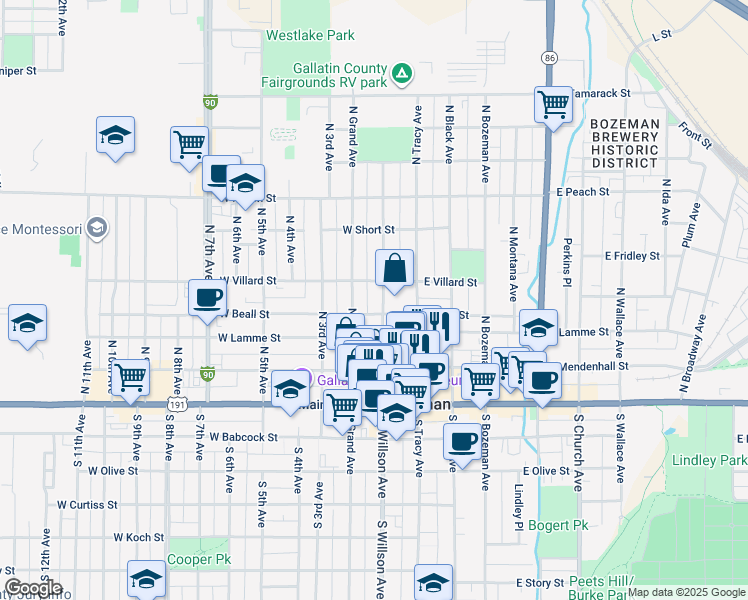 map of restaurants, bars, coffee shops, grocery stores, and more near 311 North Willson Avenue in Bozeman