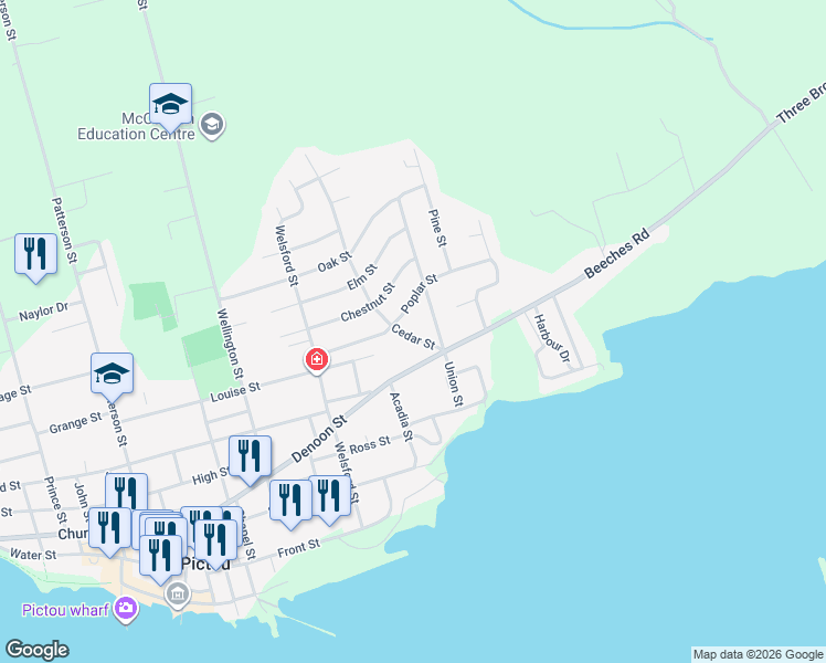 map of restaurants, bars, coffee shops, grocery stores, and more near 34 Cedar Street in Pictou
